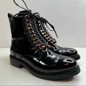 JEFFREY CAMPBELL Damon Lace-Up Bootie Black Box Gold Leather Size 8 US